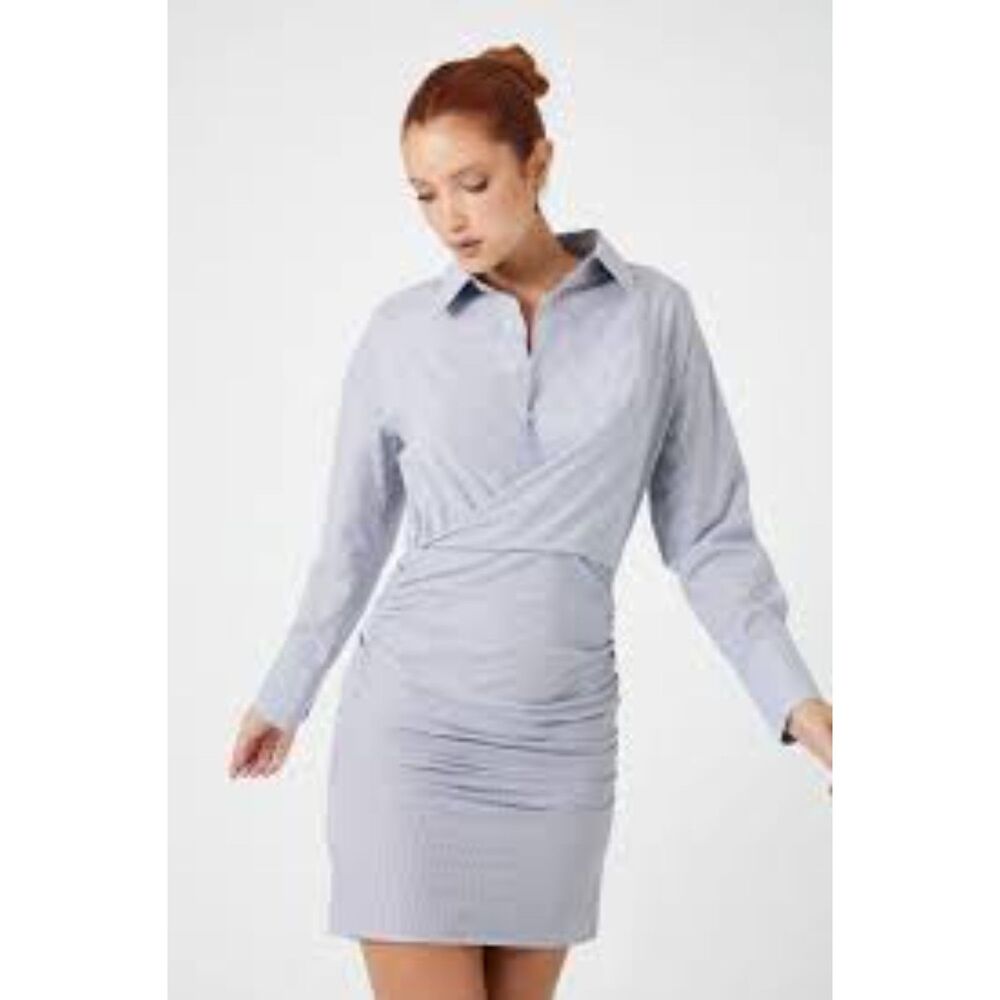 Forever 21 striped ruched mini long sleeve shirt dress